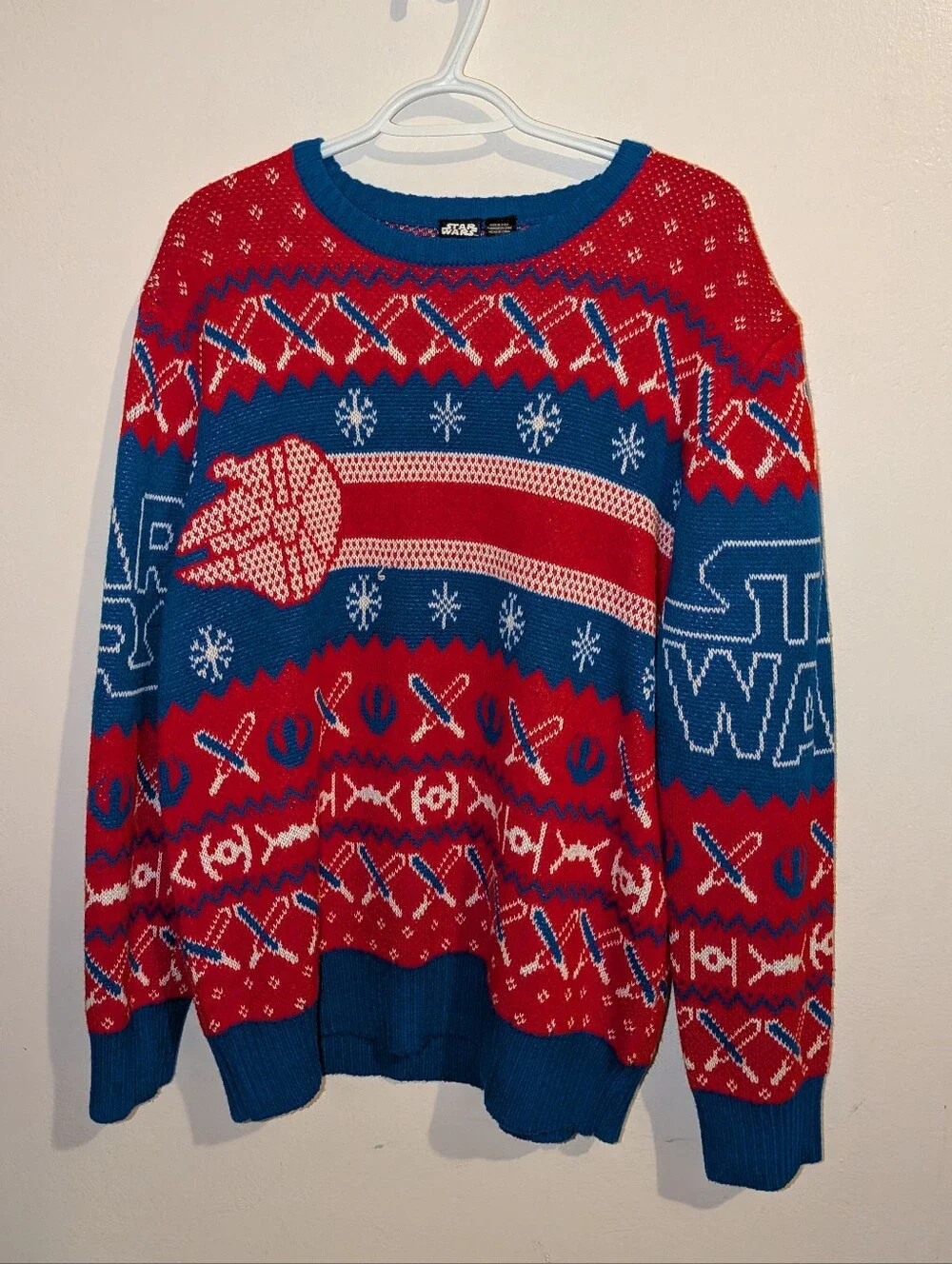 Star Wars Men's Red and Blue Holiday Crewneck Sweater